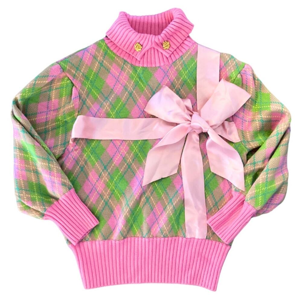 Motoguo Designer 100% Merino Wool Bow Argyle Turtleneck Sweater Pink Green Small